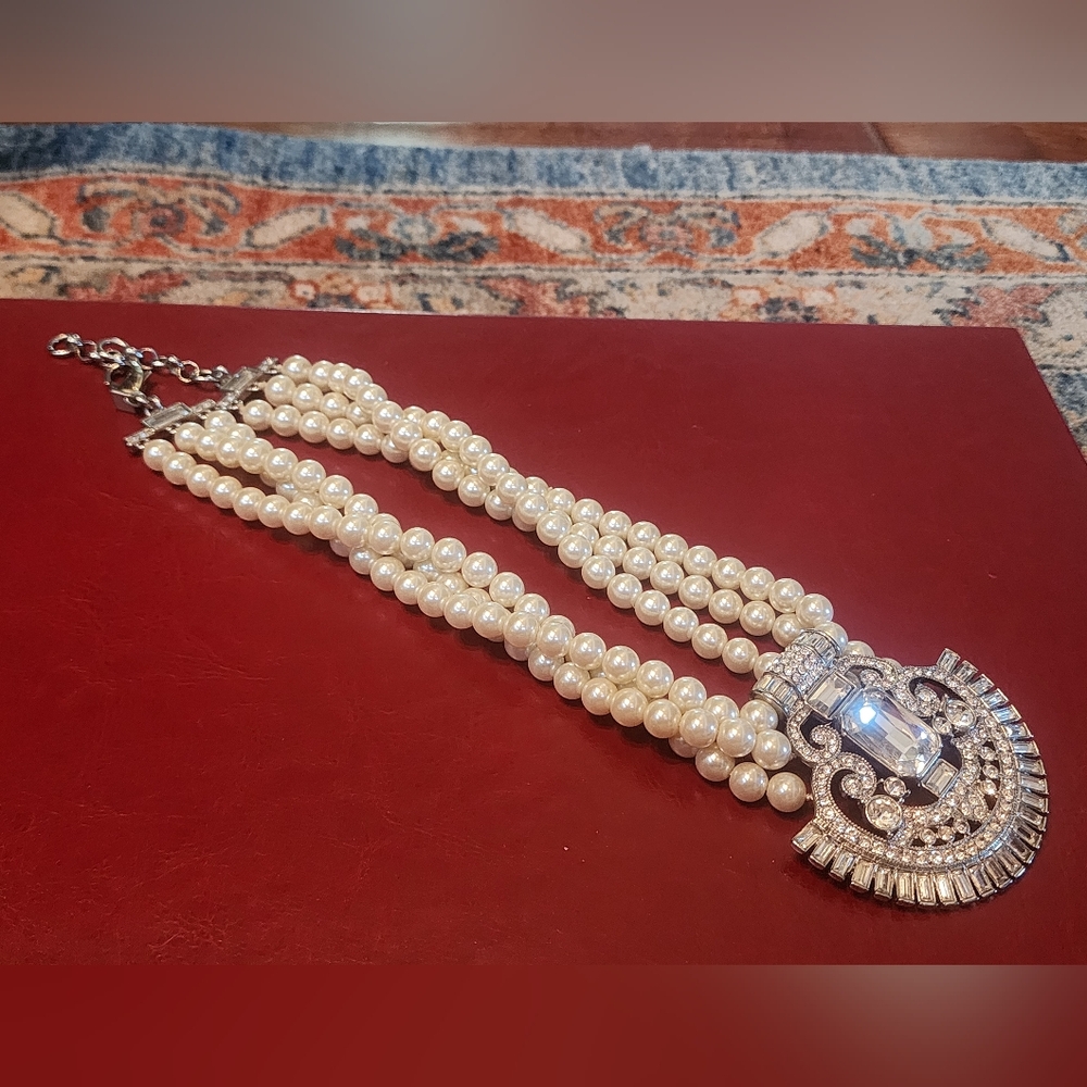 Art Deco Pearl And Crystal Multistrand Necklace